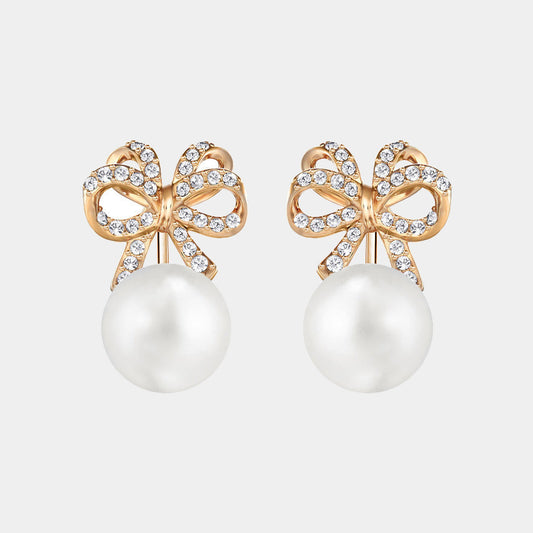 GOLD TONE BOW PEARL DROP EARRINGS FOR WOMEN