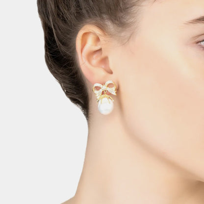 GOLD TONE BOW PEARL DROP EARRINGS FOR WOMEN