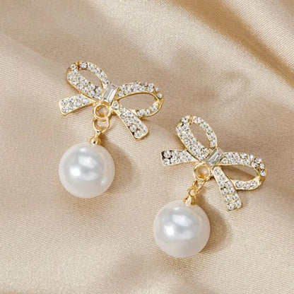 GOLD TONE BOW PEARL DROP EARRINGS FOR WOMEN